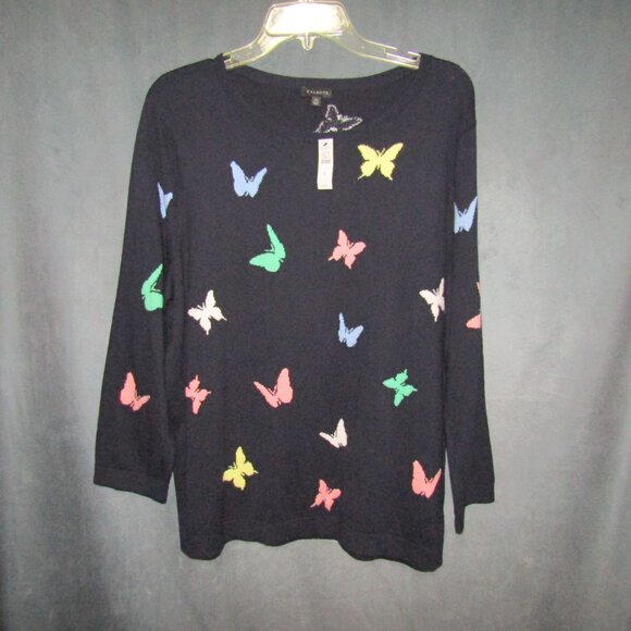 Talbots Navy Blue Multicolor Butterfly Sweater Women Size XL Long Sleeve New Tag - Picture 8 of 8